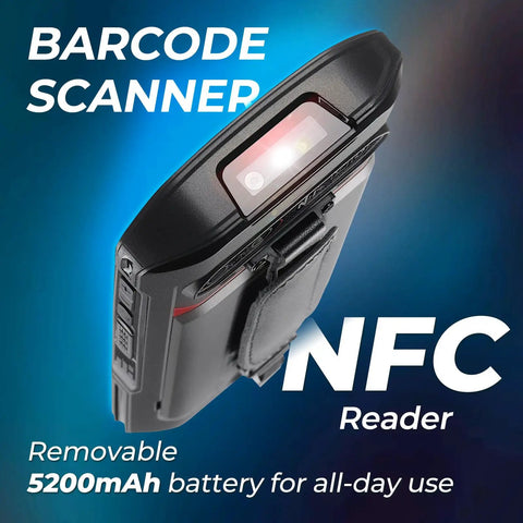 Side view of Android 13 Handheld Barcode Scanner with 5.5 inch touch screen, 6GB RAM, 64GB storage, hot swap battery, NFC reader.