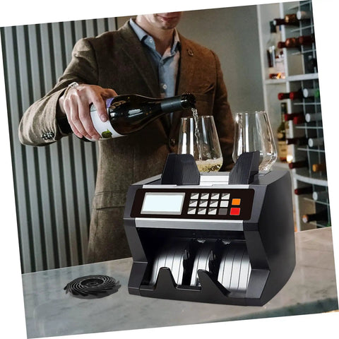 Cash counter machine on counter next to glasses, bottles; Two Pack Cash Counter Wheel Accessories For Fast, Smooth Money Handling At Banks And Supermarkets, Easy Install Parts For Cash Counter Machines, Boost Accuracy And Reliability In Daily Cash Management.