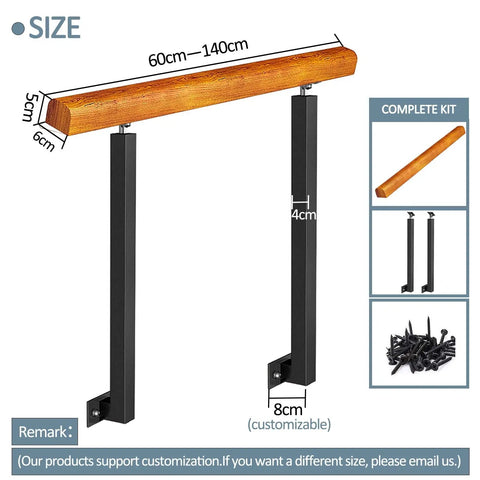 Top Shelf Adjustable Wooden Stair Railing Handrail Kit For Indoor Outdoor Use With Heavy Duty Wrought Iron Corner Brackets And Weatherproof Supports Slick Quick Setup showing dimensions and components.