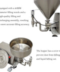 Heavy Duty Semi Automatic Gear Pump Paste Filler Machine With Commercial Grade Steel Frame No Fuss Operation For Pouring Thick Honey Jam Syrup And Rich Sauces Straight Into Jars Quick And Easy, showing 20MM nozzle and stainless steel hopper.