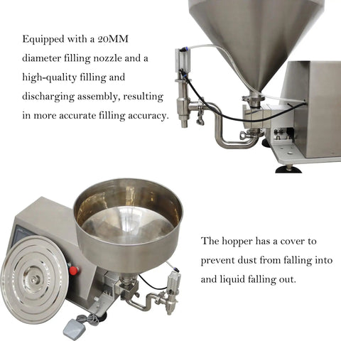 Heavy Duty Semi Automatic Gear Pump Paste Filler Machine With Commercial Grade Steel Frame No Fuss Operation For Pouring Thick Honey Jam Syrup And Rich Sauces Straight Into Jars Quick And Easy, showing 20MM nozzle and stainless steel hopper.