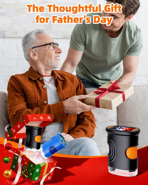 Explore Tiny Worlds With A 1000x Coin Microscope With Built In Lights 2 Inch LCD Display 8 Adjustable LEDs Portable Rechargeable Handheld Magnifier For Coins Gems Jewelry And More Works With Windows And Mac. Father and son with gift box