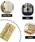Solid Brass Hinges Set For Cabinets And Jewelry Boxes 1/2 Inch, 2 Inch, And 2.5 Inch Butt Hinges shown with use cases for door, gate, casket.