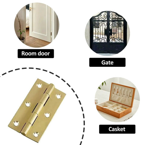 Solid Brass Hinges Set For Cabinets And Jewelry Boxes 1/2 Inch, 2 Inch, And 2.5 Inch Butt Hinges shown with use cases for door, gate, casket.