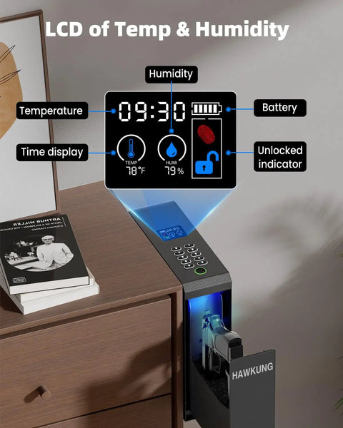 Slick Fingerprint Biometric Gun Safe With Slider Bedside Design For Handgun Quick Access Nightstand Mount three-way entry display.