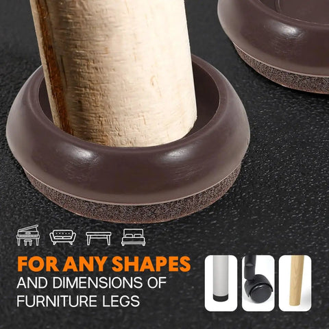 Close-up of Felt Chair Leg Pads And Caster Cups Set For Hardwood Floors, showing light brown floor protectors under wooden furniture leg.