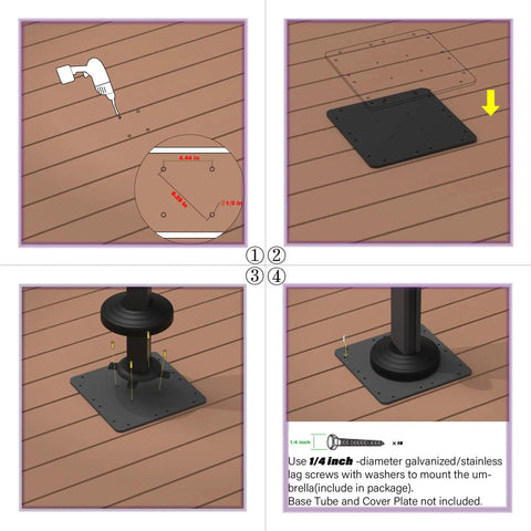 Installation steps for Offset Patio Umbrella Steel Plate Base 15.75 Inches Square, 0.39 Inch Thick Black Powder Coated heavy duty stand.