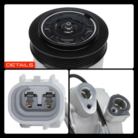 Smooth Ride High Output AC Compressor With Clutch And Six Groove Pulley For Jeep Compass Patriot 2009 To 2017 2.0L 2.4L top view of pulley and connector.