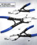 SMOTIVEPRO 3-piece hose pinch-off pliers set with blue handles (8, 10, 12 in) for automotive clamps.
