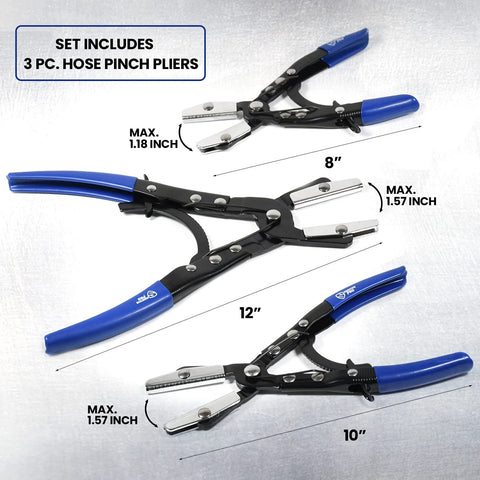 SMOTIVEPRO 3-piece hose pinch-off pliers set with blue handles (8, 10, 12 in) for automotive clamps.