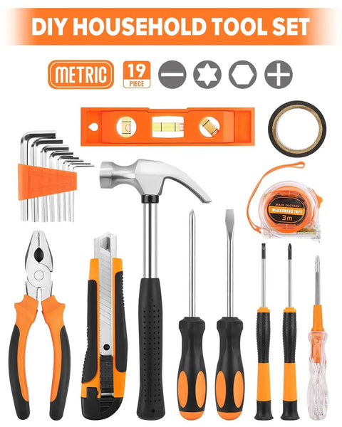 Comprehensive 19 Piece Household DIY Tool Set with storage case for home, office, and dorm, featuring hand tools for repairs.
