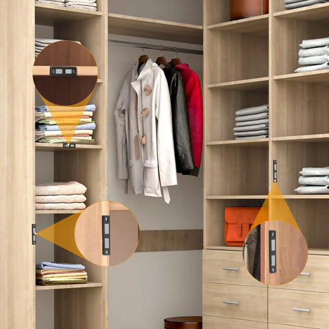 Ultra Thin Magnetic Catch For Cabinets Pack Of 8 installed on wardrobe shelves and cabinets, black finish.