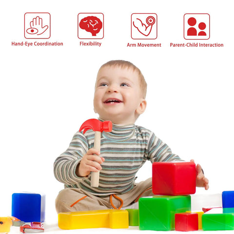 2 Pack Wooden Hammer Toys For Kids Safe Durable Realistic Simulation Hammers Ideal For Learning Pretend Play DIY Games Party Supplies Educational Tools For Children, child with red wooden hammer and blocks