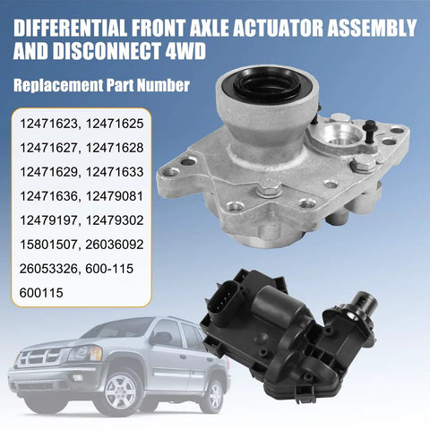 Direct Fit Front 4X4 Differential Axle Actuator Disconnect Housing Replacement For Chevy Trailblazer Envoy Bravada Ascender 9To7X 2002 2009 Includes Shaft Bearing Assembly 12471623 600115, black actuator and aluminum housing