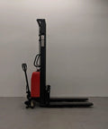 Heavy Duty Thin Leg Semi Electric Pallet Stacker 2204 Lbs Capacity 138 Inch Lift Height 110V Plug side view with red body.
