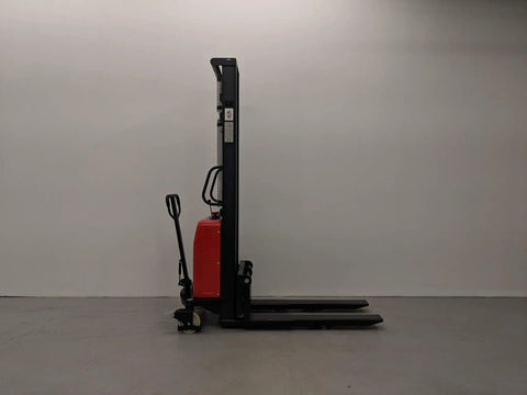 Heavy Duty Thin Leg Semi Electric Pallet Stacker 2204 Lbs Capacity 138 Inch Lift Height 110V Plug side view with red body.