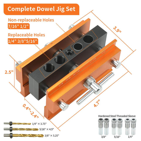 Self Centering Doweling Jig Kit For Precise Woodworking Adjustable Width Dowel Jig With 3 Drill Bit Sizes And 6 Bushings