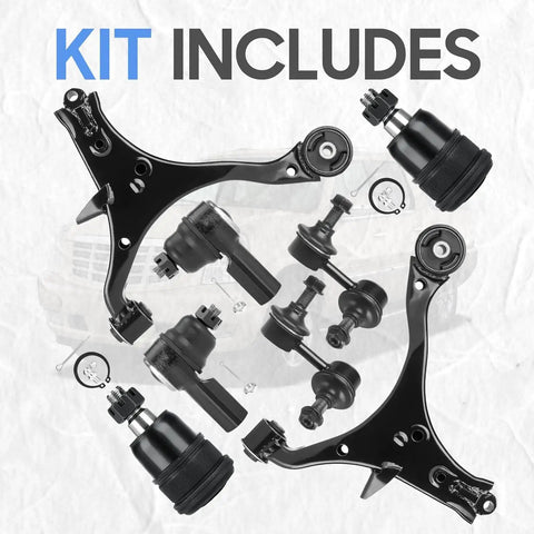 Honda Civic Front Lower Control Arm Set With Ball Joints And Sway Bar End Links And Outer Tie Rod Ends Replacement Suspension Kit For 2001 2005 Not SI 8 Piece, 8-piece black steel kit