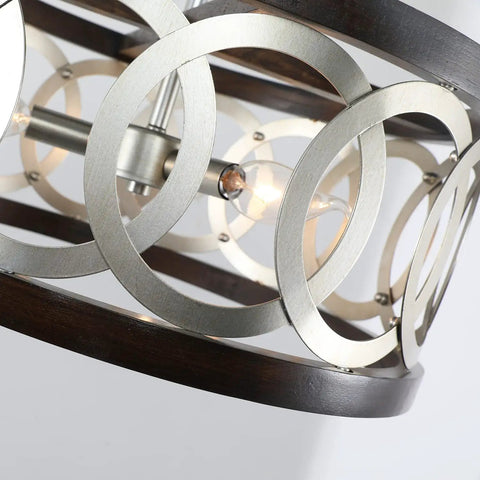 Close-up of Three Light Wood Drum Chandelier In Brushed Nickel Finish With Dope Modern Farmhouse Vibe, Rustic Silver Chrome details