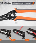 Close-up of Ratcheting Crimping Tool Set Eight Piece With Quick Exchange Jaws for AWG 20 to 2, showing wire cutter and stripper.