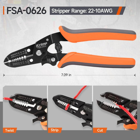 Close-up of Ratcheting Crimping Tool Set Eight Piece With Quick Exchange Jaws for AWG 20 to 2, showing wire cutter and stripper.