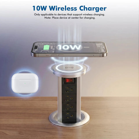 Pop Up Countertop Power Outlet With USB C And Four AC Sockets Slick Recessed Receptacle Pull Up Socket 10W Wireless Charger in use