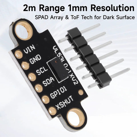 5 Pack Lidar Sensor 2m Range High Precision ToF Distance Module With I2C Interface shown with pins, dark surface SPAD ToF tech