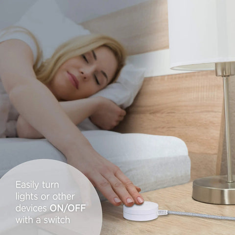 6 Ft Braided Extension Cord With Switch On Off Plug near a sleeping person, showing tabletop use with lamp, white and gray.