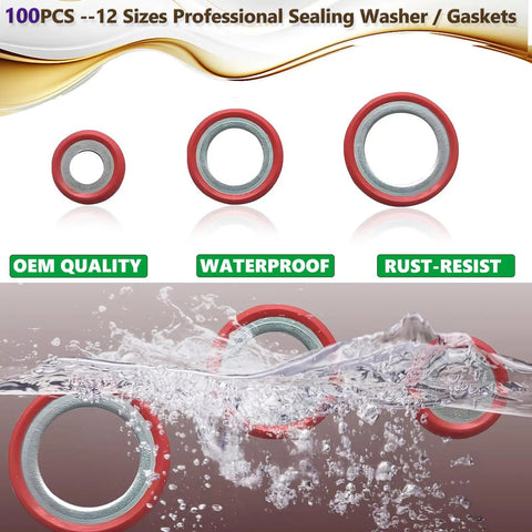 AC O Ring Kit 400 Piece Seal Washer Set for Your Ride, showing waterproof and rust-resistant properties, 12 size assortment