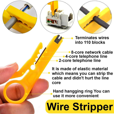 Close-up of yellow wire stripper from RJ45 Crimp Tool Kit All In One Ethernet Crimper With Cable Tester And Wire Stripper.
