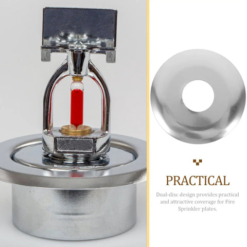 Pro Grade Ten Piece Fire Sprinkler Escutcheon Covers Dual Disc Stainless Steel Wall Mount Shields detailed view with red bulb.