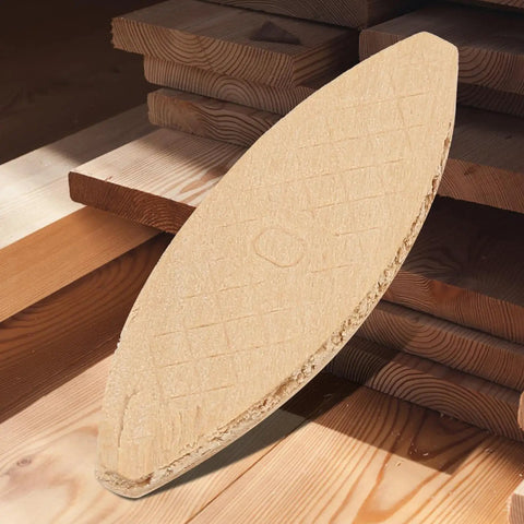 Close-up of beech wood biscuit joint for Pro Grade Solid Wood Jointer For Professional Woodworking And DIY Projects.