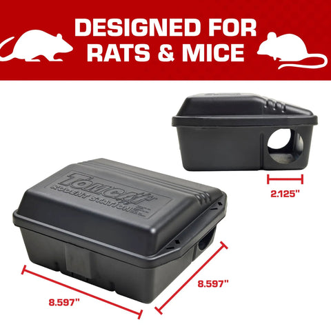 Rodent Station Trap Box with Four Bait Securing Rods and Security Key, dimensions 8.597" x 2.125", Indoor Outdoor Weather Resistant