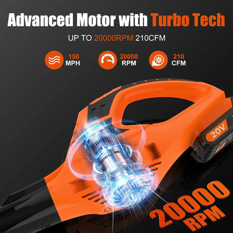 21V Cordless Leaf Blower, Ultra Lightweight Handheld With 2.0Ah Battery And Fast Charger, turbo motor highlighted