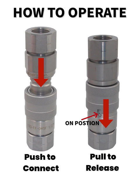 Two 1/2 in NPT flat-face hydraulic quick-connect couplers with knurled grips; push-to-connect and pull-to-release.