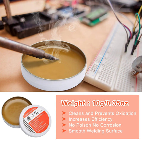 All In One Soldering Kit With Tip Cleaner, Rosin Flux Paste 0.35 Oz, soldering iron and flux paste on electronics board
