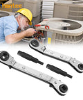 Technician using HVAC Service Wrench Kit With Quick Flip Ratchet For Air Conditioning Valves Sizes 3/16 To 3/8 5/16 By 1/4 Bit Adapters