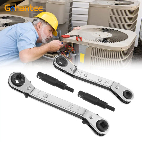 Technician using HVAC Service Wrench Kit With Quick Flip Ratchet For Air Conditioning Valves Sizes 3/16 To 3/8 5/16 By 1/4 Bit Adapters