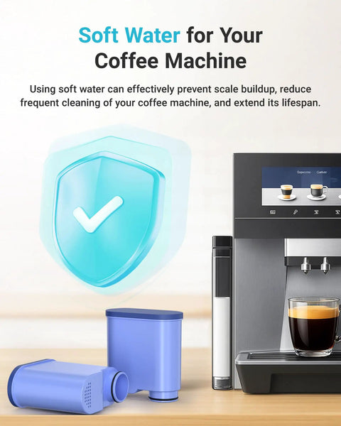 Essential Water Filters For Espresso Machines Compatible With Philips Aqua Clean CA6903 Replacement Cartridge 10 Pack blue filter cartridges next to espresso machine