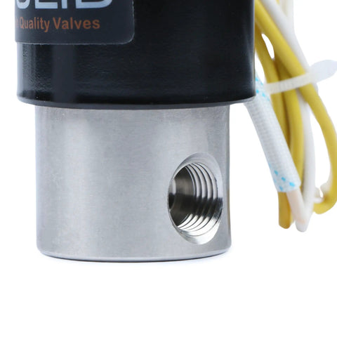 Close-up of One Quarter Inch Stainless Steel Electric Solenoid Valve 110VAC Normally Closed With Viton Seals Built Tough