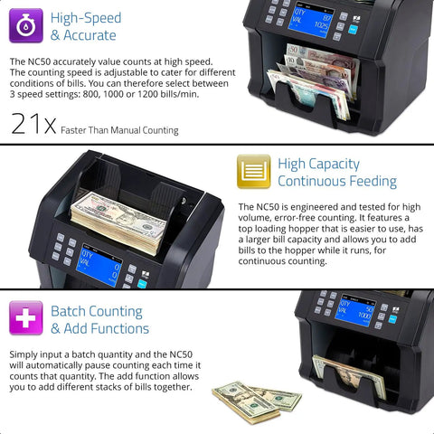 All In One Pro Grade Money Counter And Currency Detector That Handles Mixed And Single Denomination USD MXN CAD GBP EURO displayed with currency stacks
