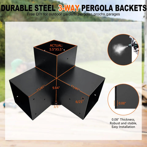 Three Way Pergola Corner Brackets Kit For Five And A Half Inch Beams Right Corner Heavy Duty Steel DIY Woodwork Hardware For Patio Gazebos Pergolas And Log Cabins Four Pack