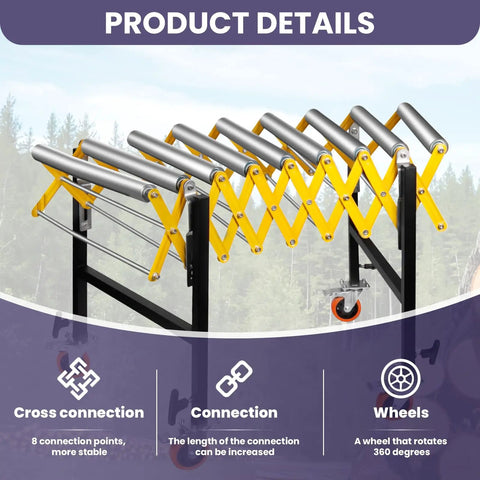 Huge 1000 Lb Capacity Adjustable Conveyor Roller with Wheels featuring cross connections and 360-degree rotating wheels.