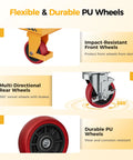 CAMMOO foldable hydraulic lift table cart; yellow frame with red PU wheels; collage of front and rear wheels.