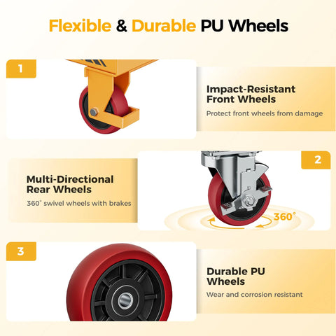 CAMMOO foldable hydraulic lift table cart; yellow frame with red PU wheels; collage of front and rear wheels.
