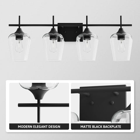 4 Light Vanity Light Fixture With Clear Glass Shades Black Finish Modern Industrial Style Over Mirror Wall Lamp Ideal For Bathroom Bedroom Hallway LED Compatible Dimmable And Energy Efficient