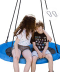 40 Inch Flying Saucer Tree Swing for Backyard Fun and Playground Action with kids seated on blue swing, adjustable ropes shown.