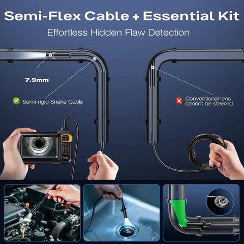 Endoscope Camera With Light 1920P HD Borescope Inspection Camera showing semi-rigid snake cable for pipes and automotive use.