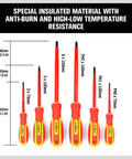 Heavy Duty Six Piece Insulated Screwdriver Set With Sure Grip Magnetic Tips And Certified 1000V Safety Crafted Badass From Chromium Steel With Comfy Rubber Handles, showing dimensions and screwdriver types.