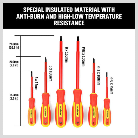 Heavy Duty Six Piece Insulated Screwdriver Set With Sure Grip Magnetic Tips And Certified 1000V Safety Crafted Badass From Chromium Steel With Comfy Rubber Handles, showing dimensions and screwdriver types.